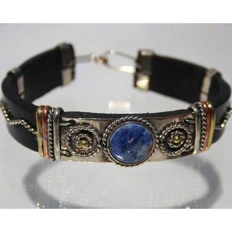 Bracelet cuir et pierre lapis-lazuli.