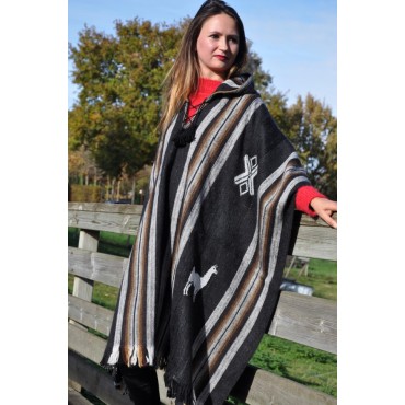 Authentique Poncho gris noir en fibre d'alpaga